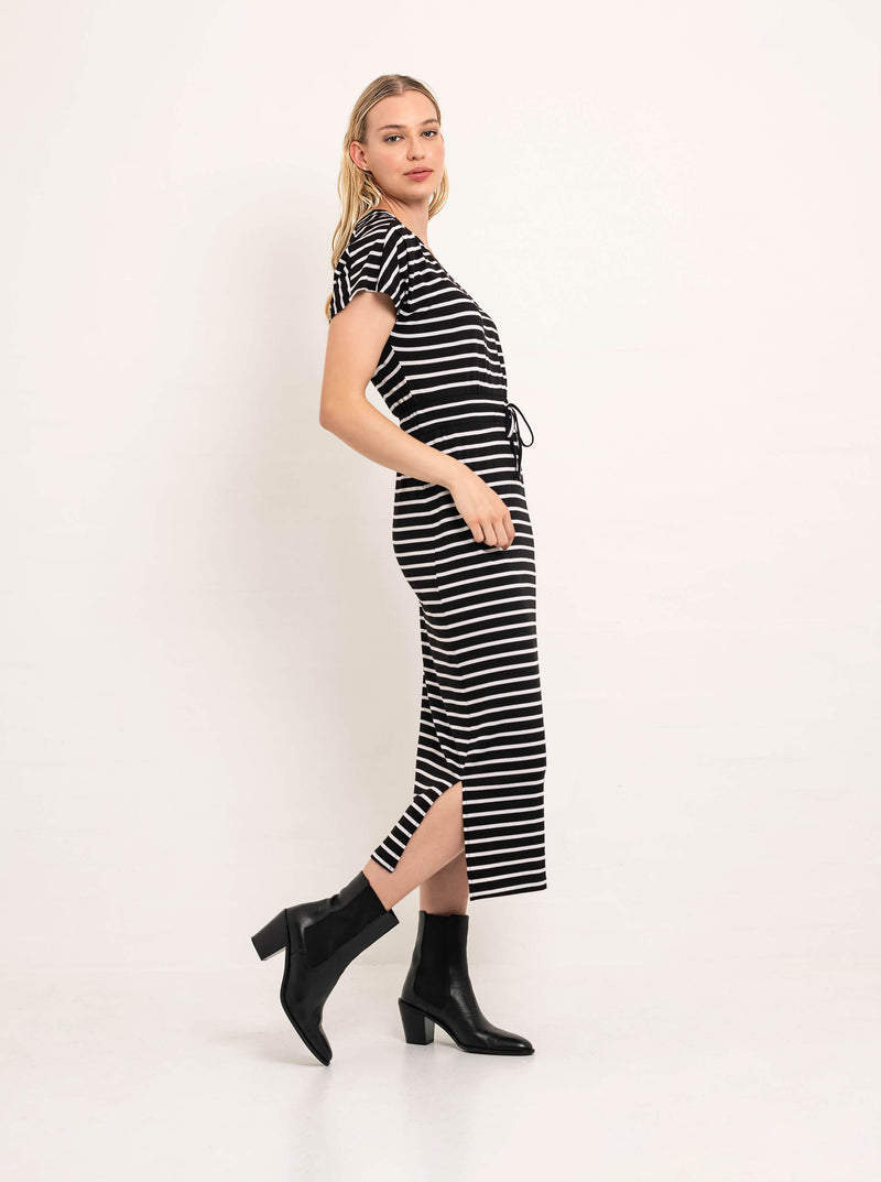 black and white horizontal striped dress