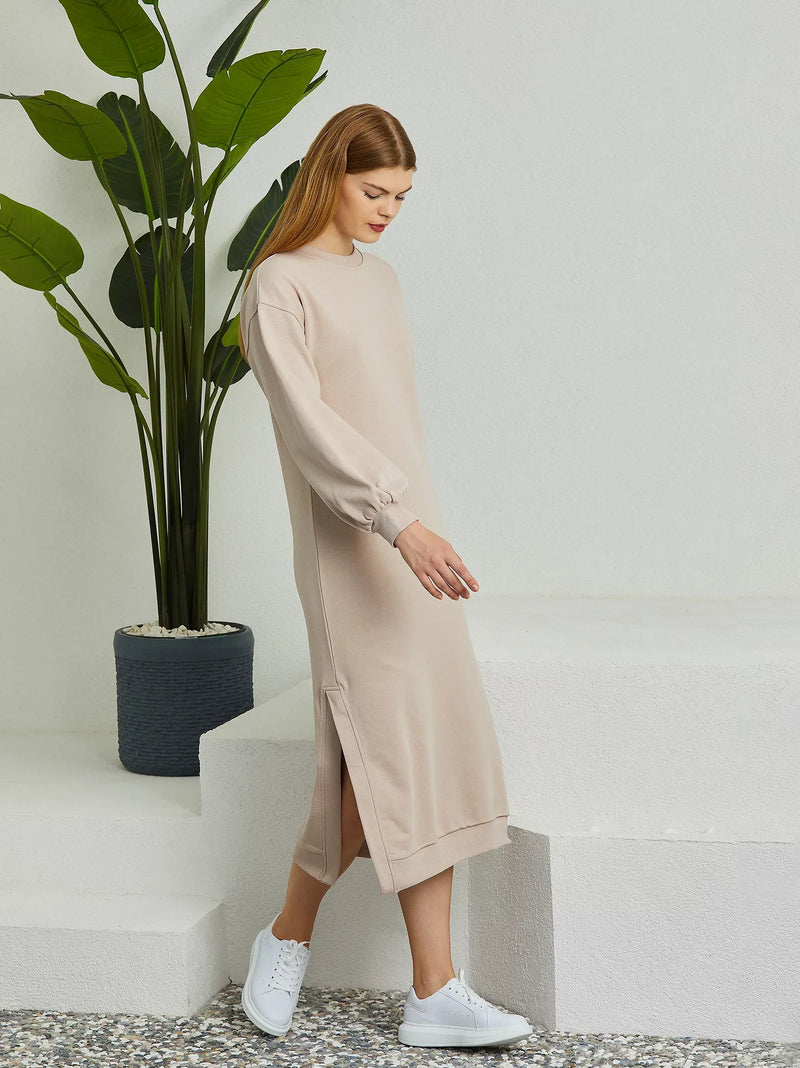 Cream Puff Sleeve Long Sweat Dress