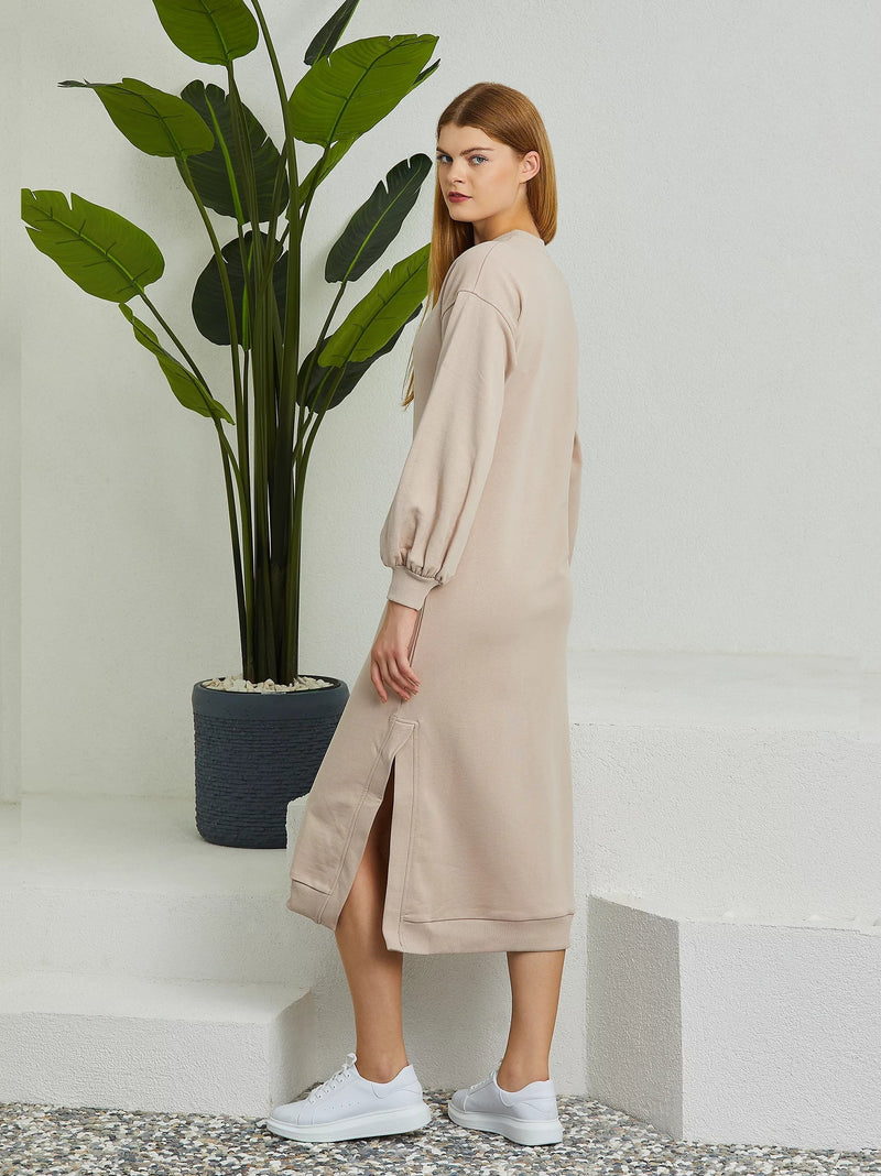 Cream Puff Sleeve Long Sweat Dress