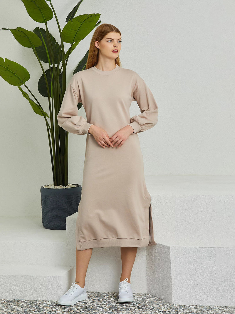 Cream Puff Sleeve Long Sweat Dress