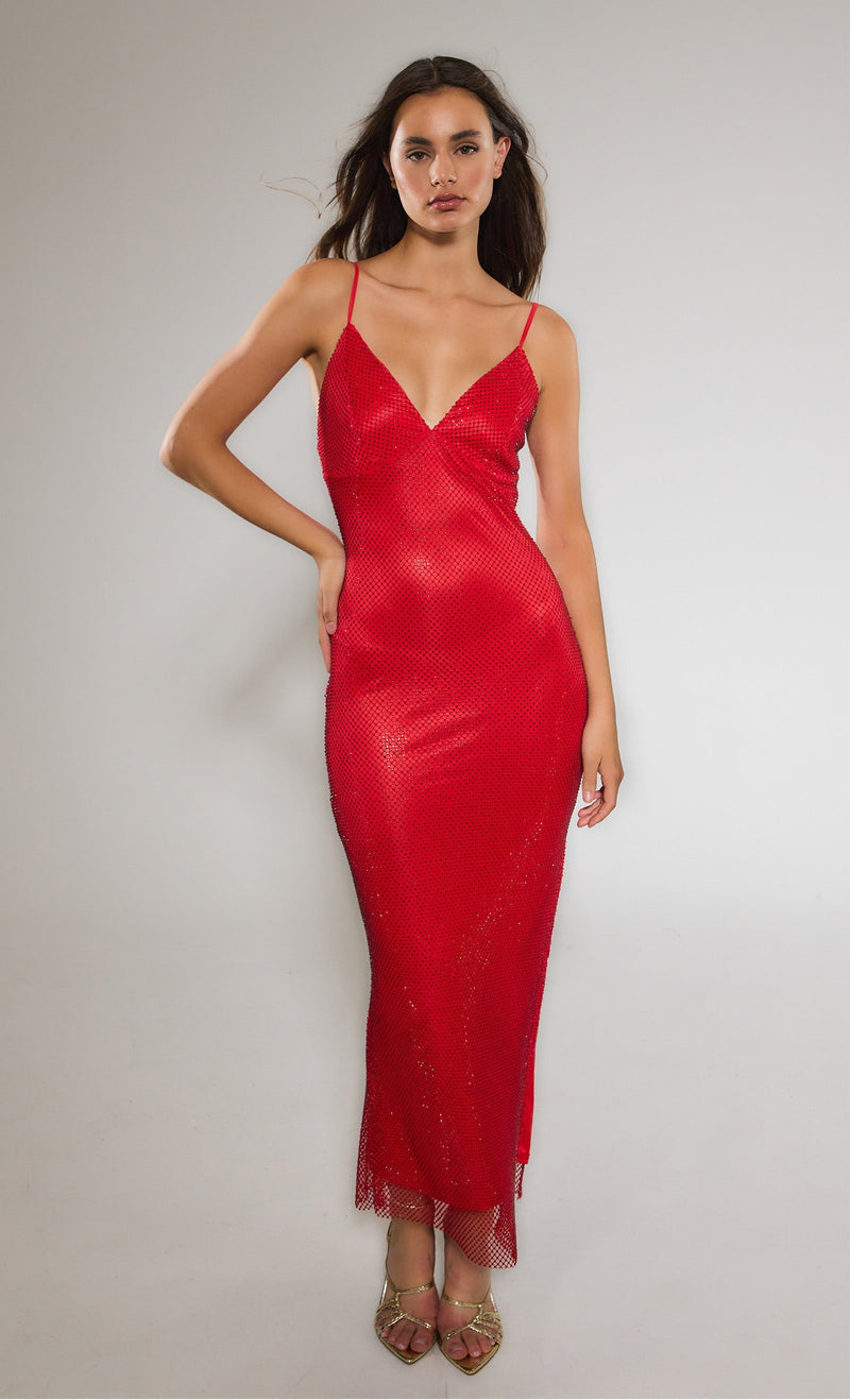 Red Diamante Mesh Maxi Dress