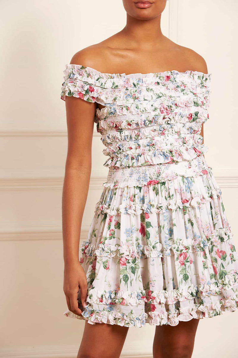 Floral Fantasy Chiffon Smocked Off-Shoulder Top