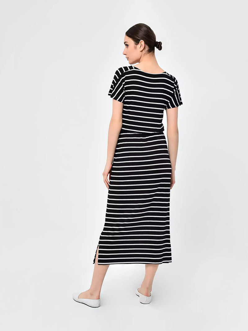 Black White Striped Elasticated Waist Dress