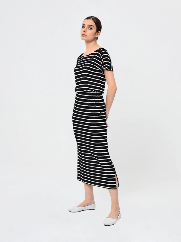 Black White Striped Elasticated Waist Dress