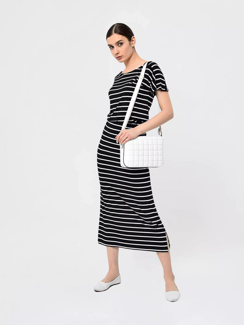 Black White Striped Elasticated Waist Dress