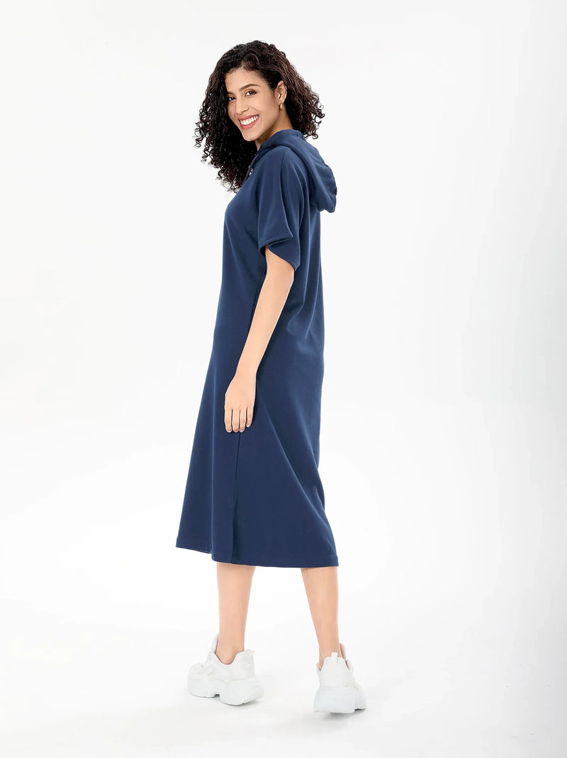 Blue Short Sleeve Midi Dress Hoodie